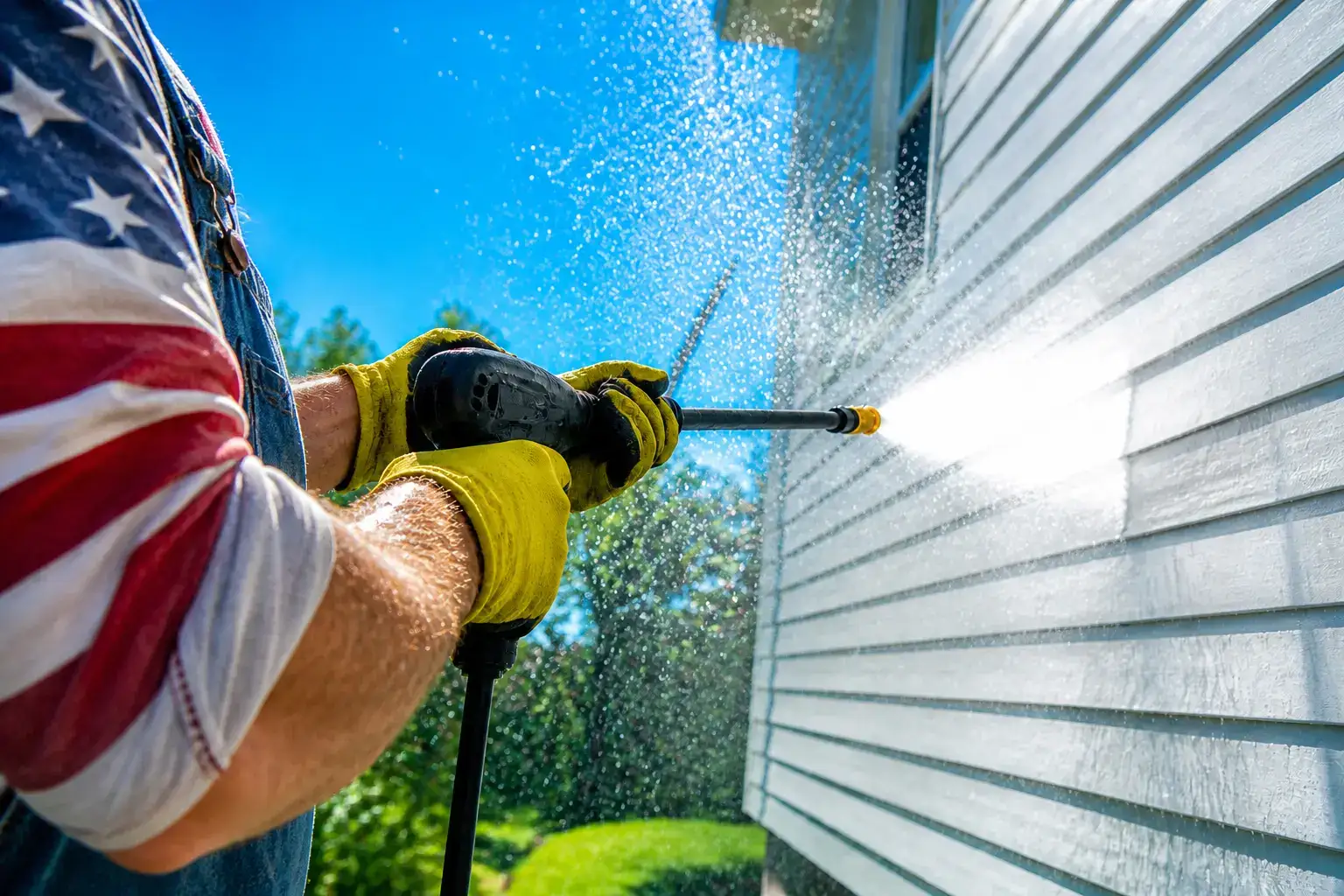 Yellow-gloved hands in an American flag shirt and denim bib rinsing sunlit white siding